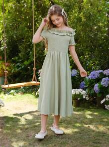 SHEIN Tween Girls Elegant Sage Green Summer Party Dress,Strapless Off Shoulder Tulle Puff Sleeve Bow Formal Short Dresses For Vacation Spring Wear - Green - View 7