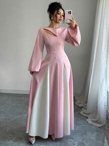 Modelyn Damen elegantes Zweifarbiges Ballonkleider mit durchbrochenem Gürtel A-Linie Maxikleid Damen Outfit