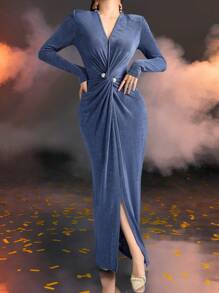 Modelyn Women V-Neck Long Sleeve Twist Waist Elegant Dress - Blue - View 3