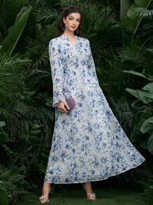 Al Najma 女式 V 领长袖花卉印花休闲阿拉伯连衣裙 - 藍色 - 查看 7