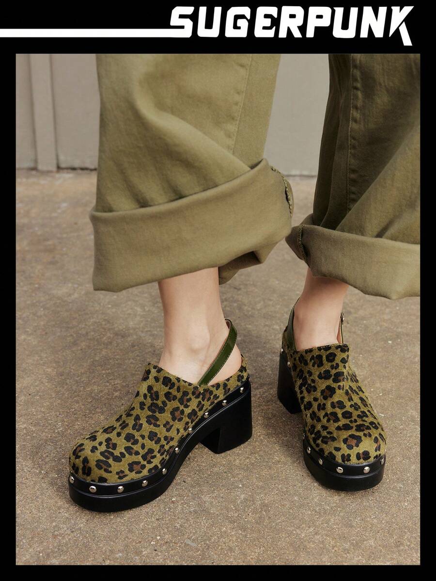 Sugerpunk Women's Fashion Black Backstrap Wooden Clog Platform Slingback Shoes Spring Shoes Spring Break Easter Prom Heels - Green - View 1