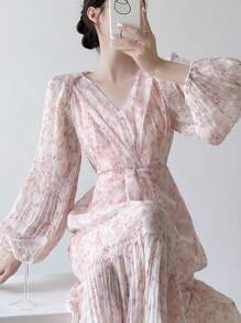 DAZY Women All Over Floral Print Waist Cinched Long Dress,Fall Dress Long Sleeve Dress - Pink - View 2