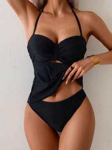 Swim Lushoire Detachable 1/2 Cup Spaghetti Strap Halter Top And Bottom Tankini Set, For Summer Beach Vacation