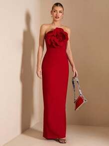 SHEIN BAE Women's Sleeveless Solid Red Maxi Dress, Elegant And Sexy With Romantic 3D Flower Decoration, Suitable For Graduation Ceremony, Cocktail Party, Romantic Date, Winter Layering, Party, Formal Event,Valentine's Day,Valentine Outfits For Women - Red - View 5