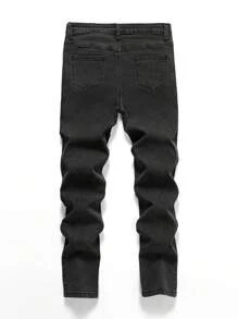 SHEIN 青少年男孩休闲时尚黑色舒适弹力紧身牛仔裤，适合日常穿着和返校服装 - 黑色 - 查看 2