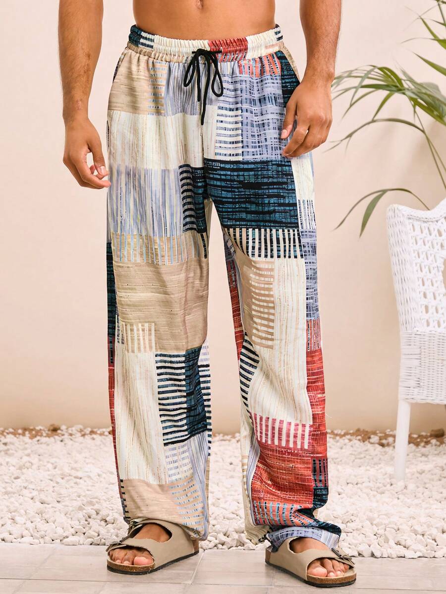 Manfinity VCAY Men's Woven Casual Loose Fit Elastic Waist Straight Leg Pants, Multi-Color, Daily & Young Style, Fall - Multicolor - View 1