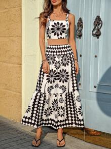 Breezaya Conjunto casual de vacaciones de 2 piezas con top de tirantes elásticos sin mangas y falda larga, con cremallera lateral invisible - Multicolor - Ver 5