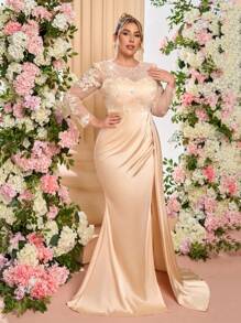 Glamrae Plus Size Champagne Elegant Floral Sequin Embroidery Patchwork Satin High Split Draped Luxury Formal Evening Gown, Wedding Guest Dress, Party Dress