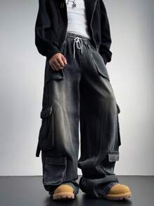 Manfinity EMRG Men's Light Blue Denim Cargo Wide Leg Pants - Black - View 4