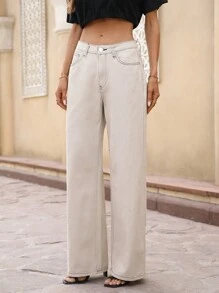 SHEIN Essnce 时尚休闲日常百搭中腰直筒阔腿牛仔裤 - 杏色 - 查看 3
