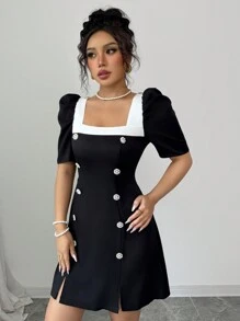 Elenzga 女士优雅撞色方领短袖连衣裙
