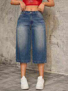 SHEIN SXY Vintage Blue Denim Cropped Wide-Leg Jeans For Women, American Streetwear Style With Cross Crystal Embellishment, Summer New Arrival