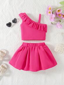 女婴荷叶边背心短款上衣和裙子 2 件套，夏季时尚