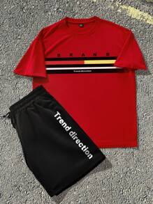 Manfinity Homme Men's Branded Color Block Crew Neck Short Sleeve Letter Print Everyday Top And Shorts Set - Red - View 2