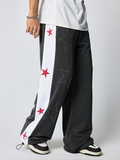 Prep Men's Solid Color Patchwork Five-Pointed Star Print Casual Sweatpants