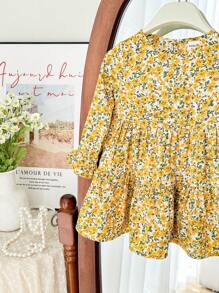 SHEIN LMoss Kids LMoss 女婴可爱甜美碎花荷叶边长袖连衣裙