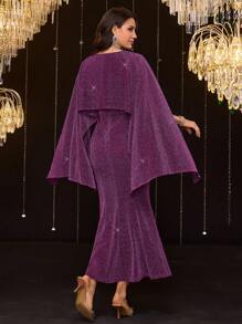 Modelyn Spring  Valentines Clothes Women's Elegant Party Glitter Cape Mermaid Dress - Rusty Rose - View 3