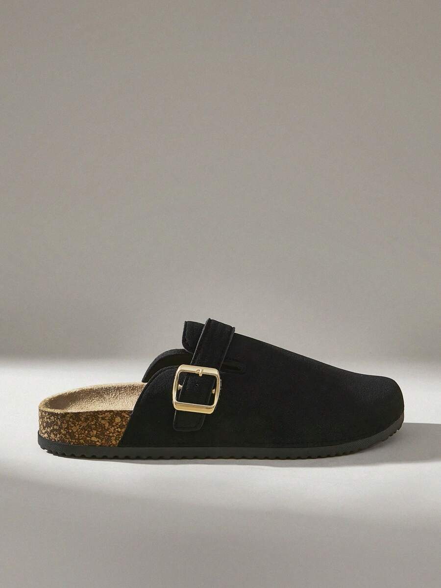 Solecia Women's Fashion Black Mule Flats With Metal Buckle Decor And Cork Sole, Suitable For Commuting, Dating, Party, Casual, Holiday Spring Shoes Spring Break Easter For Christmas Fall Shoes - Black - View 1