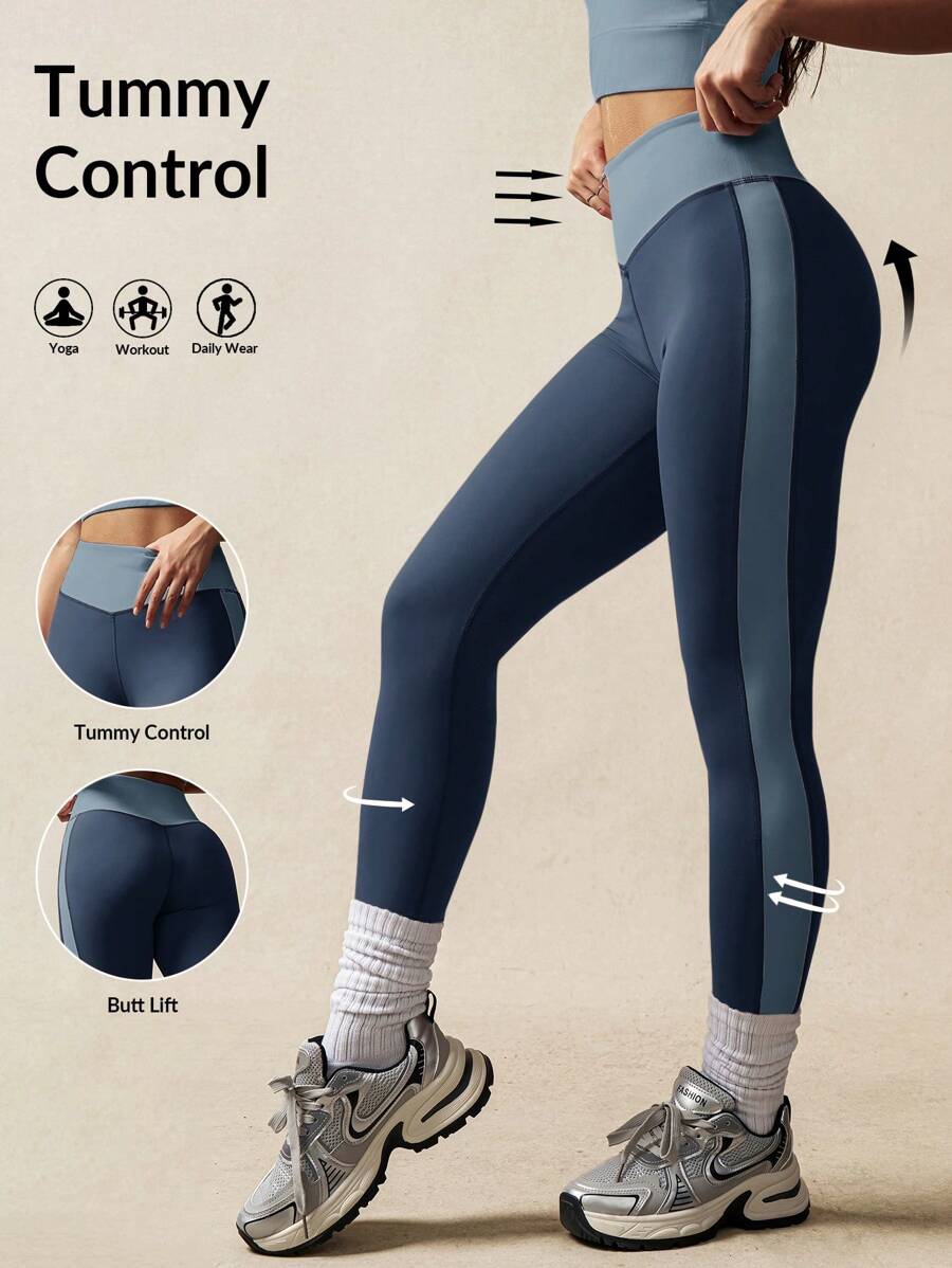 VARSITIE Color Block Stitching For Slim Fit Women Sports Leggings - Blue - View 1