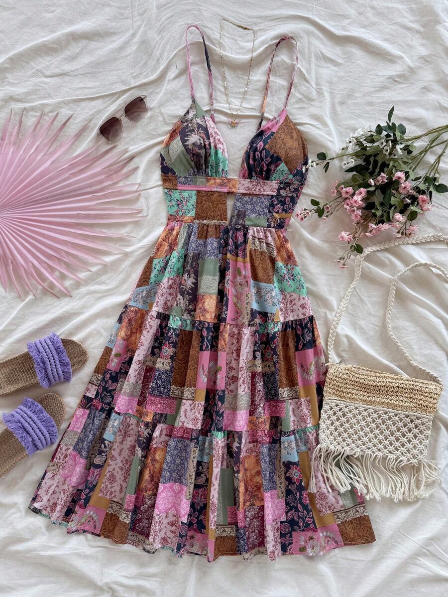 Soleia Women's Vacation Spaghetti Strap V-Neck Hollow Backless Mid-Calf Dress, Colorful Vintage Folk Pattern Patchwork Print, No Chest Padding - Multicolor - View 1