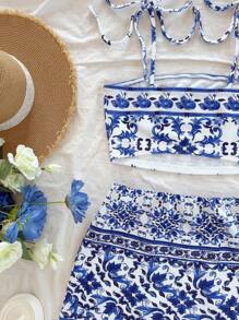 Soleia 2 件套女士蓝白印花针织纹理系带上衣和裙子，适合约会、情人节、下午茶、度假、音乐节、波西米亚风的节日/休闲装 - 藍白色 - 查看 6