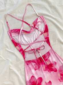 Soleia Women Floral Print Spaghetti Strap Backless Bodycon Dress - Red Violet - View 3