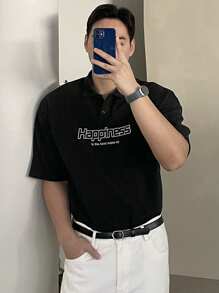 DAZY Camiseta polo de tela texturizada negra con estampado de letra, para verano - Negro - Ver 5