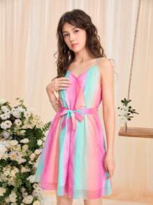 SHEIN Teen Girls Ombre Mesh Overlay Cami Romper - Multicolor - View 3