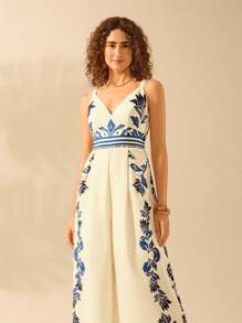 CAJUNI Women's Vintage Vacation Casual Boho Blue Floral Print Strap Wide Leg Jumpsuit