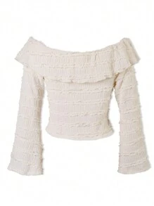 SHEIN Camiseta a juego para mujer e hija, primavera/otoño, diseño de jacquard de pliegue de princesa, unicolor, casual, versátil top con lazo off-shoulder, dulce, estilizador, top corto con mangas con volantes, adecuado para ropa exterior, manga larga, ajustado - Beis - Ver 2