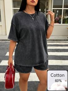 Comfortcana Conjunto de 2 piezas talla grande: Camiseta de manga corta y cuello redondo en negro y pantalones cortos, ropa de primavera-verano