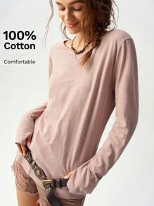 Bohemela Effen kleur ronde hals lange mouw maxi T-shirt voor dames