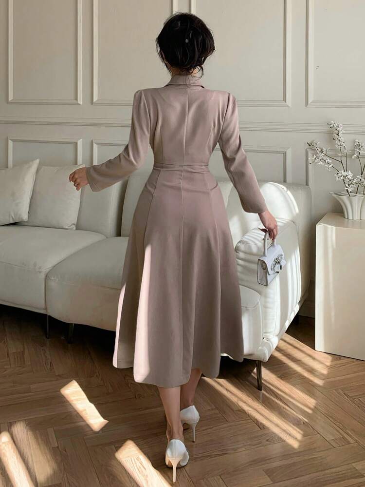 Solid Color Puff Sleeve Stand Collar Mid-Length Dress For Women,Fall Dress Long Sleeve Dress Maxi Dress