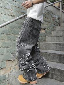 Manfinity Roghcode Men's Casual Pocket Frayed Hem Simple Denim Jeans - Dark Grey - View 7