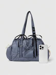ROMWE Kawaii 1 件 Y2K 黑白格子大容量多口袋手提包单肩包，适合日常通勤、购物和返校季节（包括蝴蝶结、DIY） - 黑與白 - 查看 3