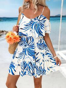 SHEIN VCAY Vacation Woven Printed Halter Bodycon Mini Dress For Women