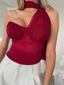 Aloruh Red Sexy Mesh One Shoulder Strap Top With Ribbon, Valentine's Day Lingerie - Red - View 1
