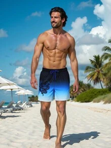 Manfinity Swimmode Men's Gradient Snake Print Drawstring Waist Beach Shorts Men Swim Trunks
