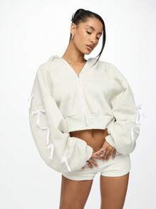 SUMWON WOMEN Luxury Cropped Zip-Up Hoodie With Elegant Bow Details On Sleeves, Streetwear Fashion Statement Piece, Perfect For Dance, Athleisure And Casual Wear