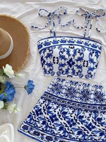 Soleia 2 件套女士蓝白印花针织纹理系带上衣和裙子，适合约会、情人节、下午茶、度假、音乐节、波西米亚风的节日/休闲装 - 藍白色 - 查看 5