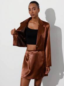 SHEIN Privé Satin Feel Minimalist Vintage Fashionable Short Deep V-Neck Fitted Blazer & Low Waist Front Slit Skirt Women 2 Pieces Suit Set Fall Cloth For Women