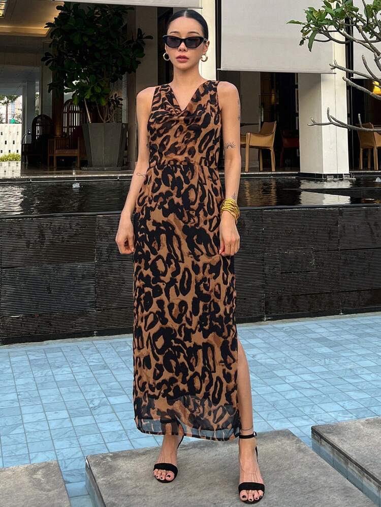 Leopard Print Sleeveless Draped Neck Tie-Up Strap Summer Casual Dress For Women Party Women Sundress Cheetah Print,Beach Outfits Homecoming Dresses Maxi Dress Cruise Outfit For Women