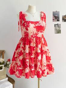 Soleia Vestido corto de línea A con cuello cuadrado, sin mangas, con lazo, cintura ajustada y estampado floral bohemio, en estilo romántico campestre para mujer de talla grande, para el verano