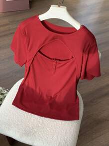 Dazy Plus 大码弹力修身圆领镂空短袖T恤，中国新年，春夏 - 紅色 - 查看 4