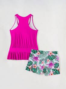 Swim Lushoire 2pcs Women Fuchsia Patchwork White Base Floral Print Crop Top With Cinched Waist Loose Beach Tankini Set - Hot Pink - View 8