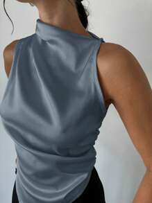 Firerie Camisa de twill sin mangas con cuello plisado y bajo asimétrico, elegante y minimalista para oficina/ir al trabajo