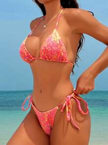 SHEIN Swim 2pcs Women's Ditsy Floral Bandeau Halter Bikini Set, Vacation Style Two-Piece Swimwear For Summer - Multicolor - View 4