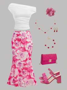 Girlism Conjunto de 2 piezas para adolescentes: Camiseta de punto con hombros oblicuos en rosa y blanco, y falda A-line de malla de punto floral en rosa, apropiado para vacaciones, fiestas, ceremonias de graduación y almuerzos