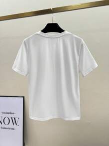 SHEIN Leap Crew Teen Girls' Spring & Summer White Knit Patchwork Loose Elegant Floral Decor Casual T-Shirt, Suitable For Resort Wear - White - View 10