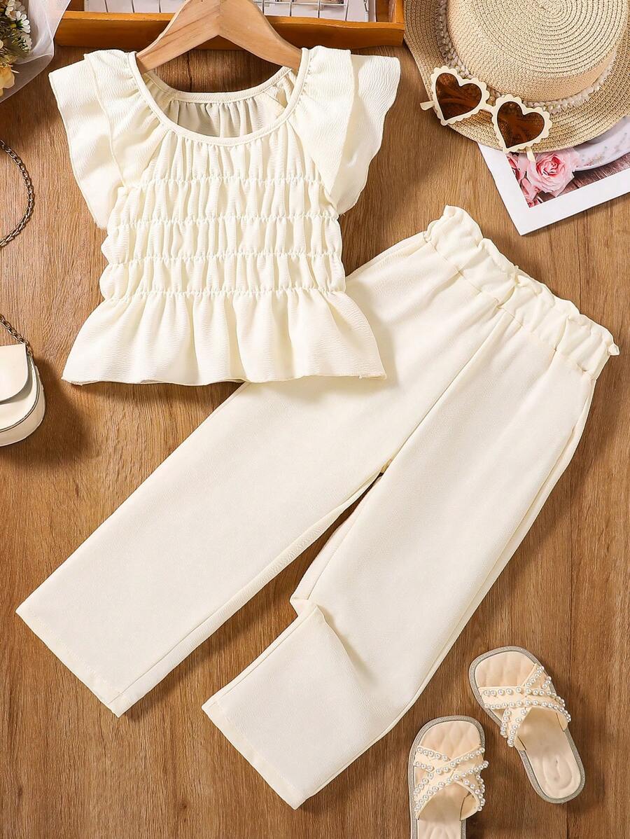 SHEIN 女孩仙女上衣独特辣妹仙女风格盖袖吊带背心高腰方领短款上衣套装，日式风格 - 杏色 - 查看 1